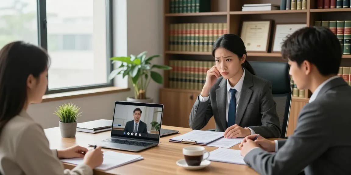 Consulta legal en valken.legal con un abogado en oficina moderna, documentos legales y clientes preocupados.